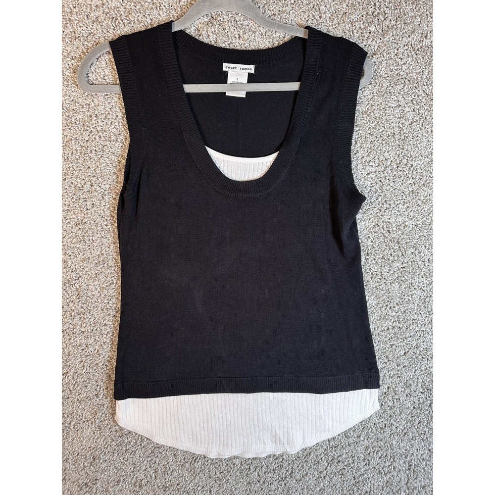 Sweet Romeo Knit Tank Top L Black White Rayon Sleeveless Vest Casual Whimsygoth